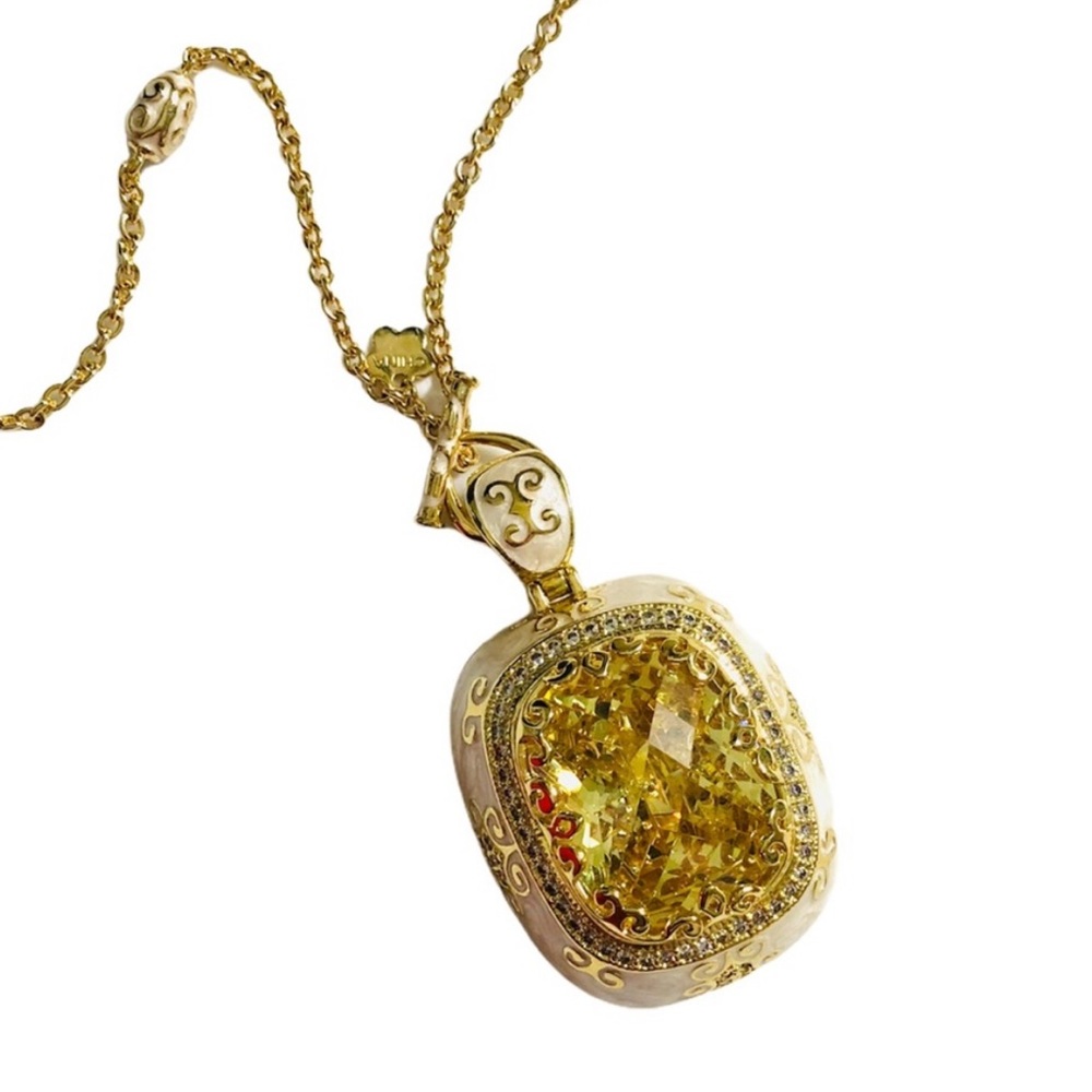 NWB NWT Lauren Adams Necklace Long Pendant Cream Enamel Gold CZ Vintage Elegant - Picture 2 of 13